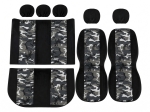 Huse universale pentru scaune – set complet pentru 5 locuri, tapiterie textila pentru autoturism, microbuz si SUV – culoare camuflaj negru-gri (9 piese)