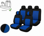 Set Huse Scaune Auto Universale, Pentru Scaune Fata si Spate, Bancheta Divizibila cu Fermoare, Textil, Albastru-Negru, 9 Piese