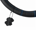Husa volan pentru camion din piele naturala, 44-46 cm, Negru cu cusaturi albastre