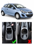 Cotiera Auto pentru Opel Corsa D, Piele Ecologica, Suport Pahar si Scrumiera, Negru cu Crom