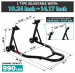 Stander Moto Spate pentru Motocicleta, Suport Ridicare si Mentenanta, Reglabil 240-370 mm, Capacitate 450 kg, Adaptoare L si U, Roti 72 mm, Otel, Negru