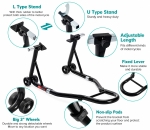 Stander Moto Spate pentru Motocicleta, Suport Ridicare si Mentenanta, Reglabil 240-370 mm, Capacitate 450 kg, Adaptoare L si U, Roti 72 mm, Otel, Negru