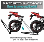 Stander Moto Spate pentru Motocicleta, Suport Ridicare si Mentenanta, Reglabil 240-370 mm, Capacitate 450 kg, Adaptoare L si U, Roti 72 mm, Otel, Negru