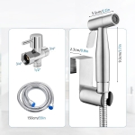 Set dus pentru igiena intima, baterie bideu si WC din otel inoxidabil, Baterie, Adaptor, Furtun si Suport de Prindere pe WC sau Perete cu Presiune Reglabila, Filet 1/2-3/4 - Argintiu