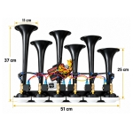 Claxon Muzical Pneumatic Basuri cu 6 Trompete, 20 Melodii, 12V/24V si Telecomanda Wireless