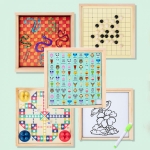 Joc 5 in 1 din lemn cu tabla magnetica, LUDO, Perechi, sah GO si Sarpe, 3+ ani