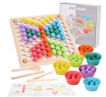 Joc educativ Montessori 2 in 1 de memorie si motricitate fina, sortare, mozaic cu bile din lemn, cleste, lingura, chopsticks, Sortare Asociere bile din lemn