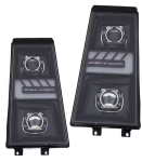 Set 2 Faruri LED stanga + dreapta cu 2 lupe pentru Renault Premium II / DXi / Route / Distribution, 24V, DRL Alb-Portocaliu, Startup Effect, OEM 5010578475, 7421636309, 7482588692, 5010578477, 82588692